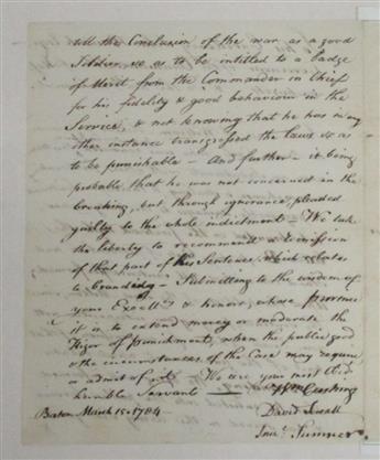 (MASSACHUSETTS.) Letter to John Hancock begging clemency for a convicted thief sentenced to have a B branded on his forehead.